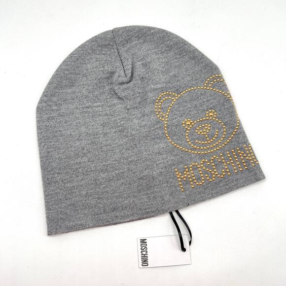MOSCHINO Teddy Bear Studded Wool Beanie Womens One Size Light Gray NEW - Picture 1 of 8